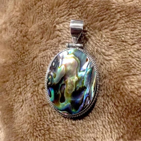 Abalone and Sterling Silver Oval Pendant with Rope Trim Around Bezel - Picture 7 of 15